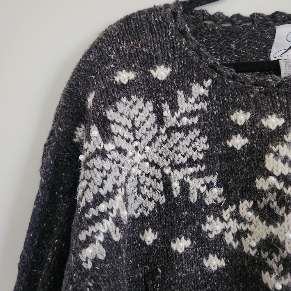 Anne Klein Charcoal and Cream Fair Isle Cable-Knit Sweater - Picture 3 of 7